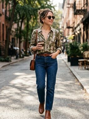 DNA couture Green and Cream Striped Women’s Button-Down Shirt